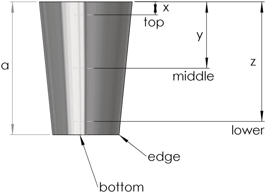 Schematic illustration of points for measuring the wall thickness distribution of cups.