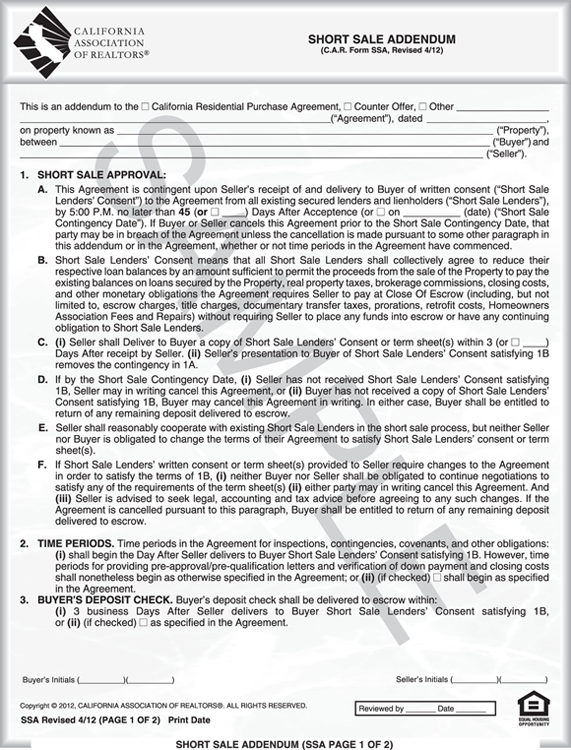 Sample form of the California Association of Realtors’ Short Sale Addendum (SSA Page 1 of 2).