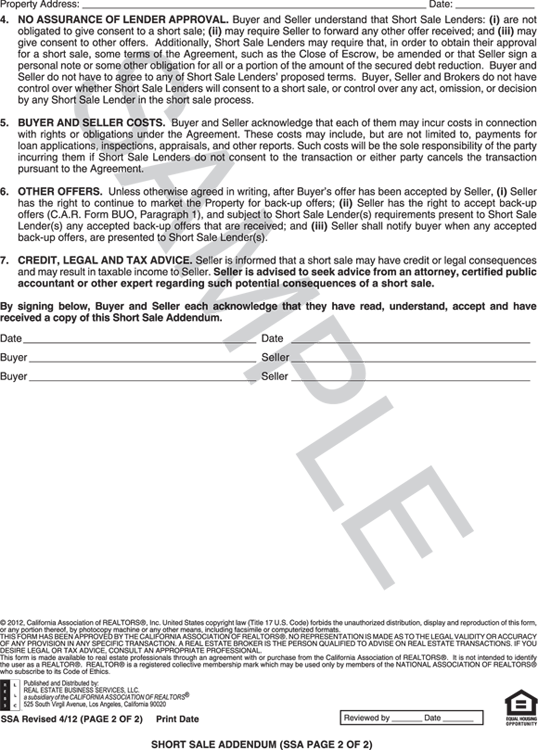 Sample form of the California Association of Realtors’ Short Sale Addendum (SSA Page 2 of 2).