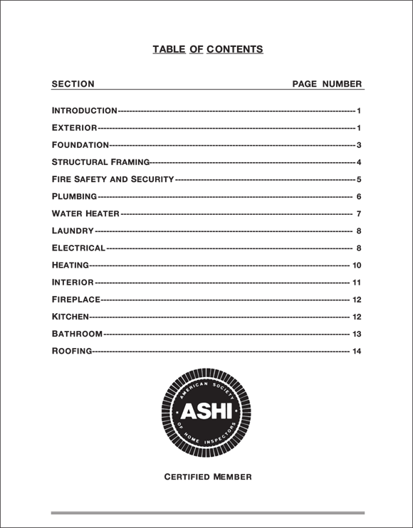 The Table of Contents page of the American Society of Home Inspectors (ASHI) depicting the section titles and the corresponding page numbers.