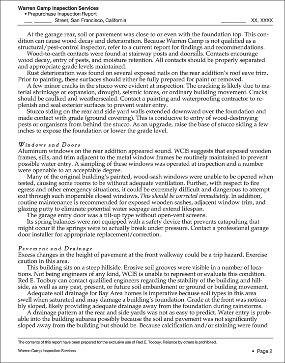 Chart presenting the contents of the Prepurchase Inspection Report prepared by the Warren Camp Inspection Services company (Page 2).