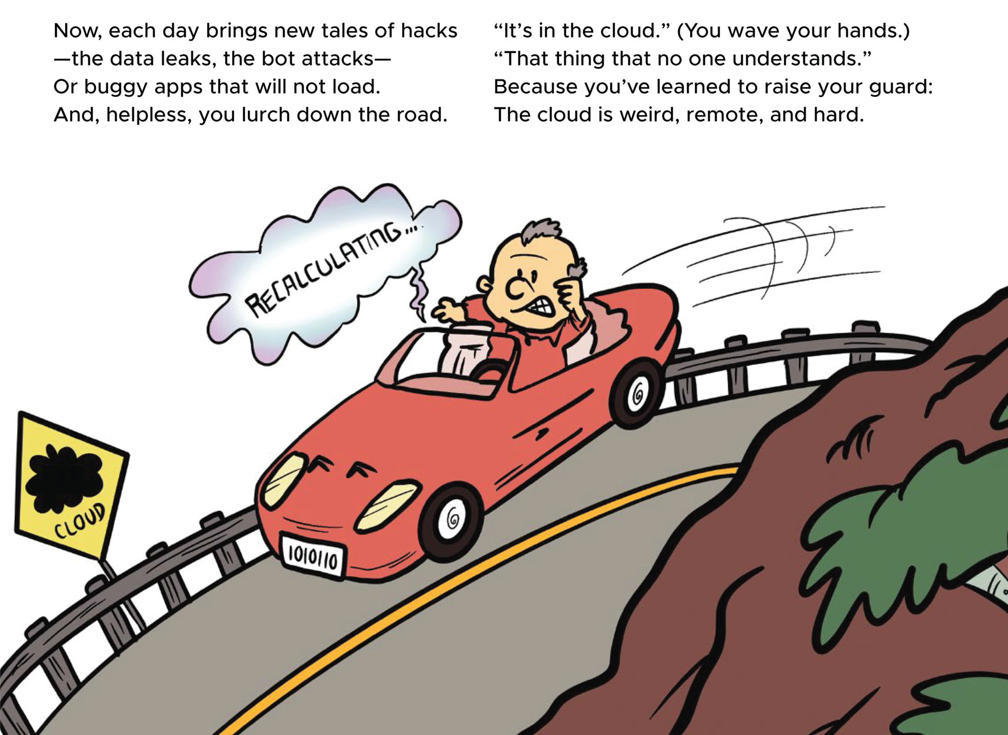 Cartoon illustration of a man recalculating the route while driving a car.