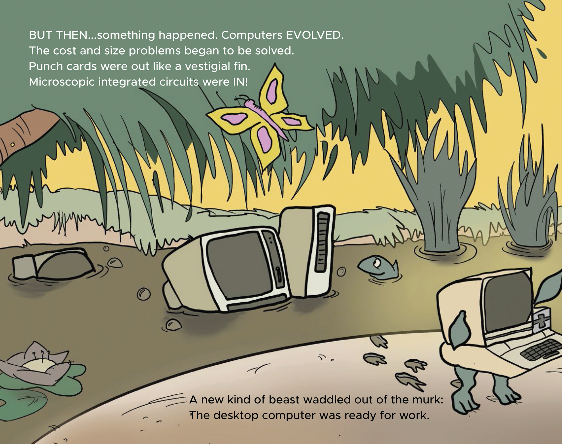 Cartoon illustration of computers walking and swimming in a forest.