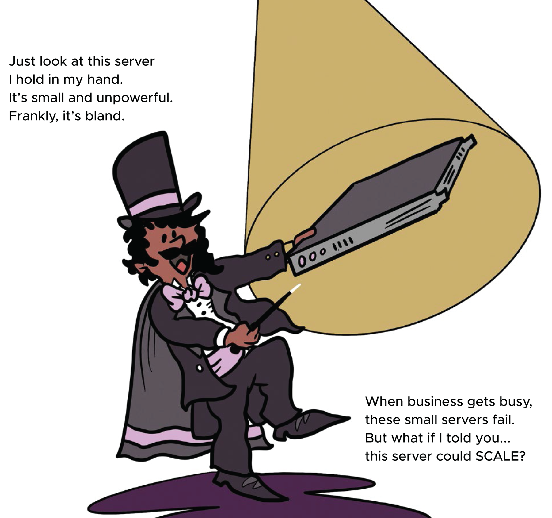 Cartoon illustration of a magician holding a server in his hand.