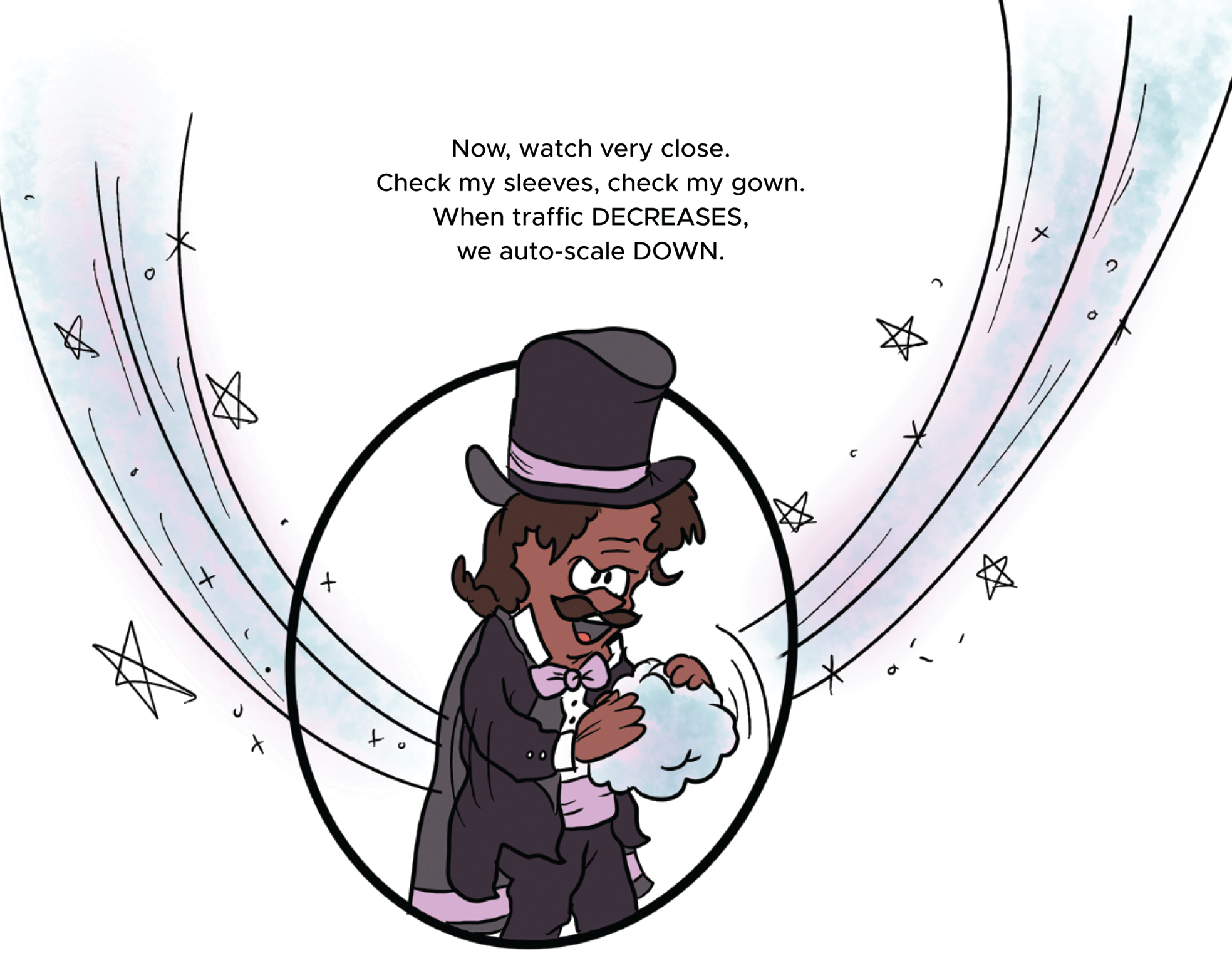 Cartoon illustration of a magician holding the cloud in his hand.