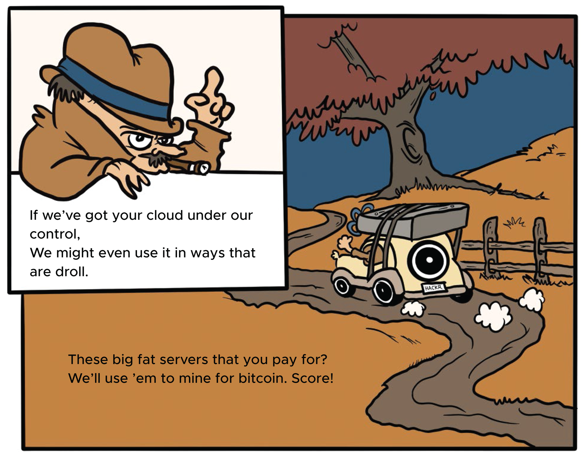 Cartoon illustration of the hackers taking the cloud under their control and leaving through their car.