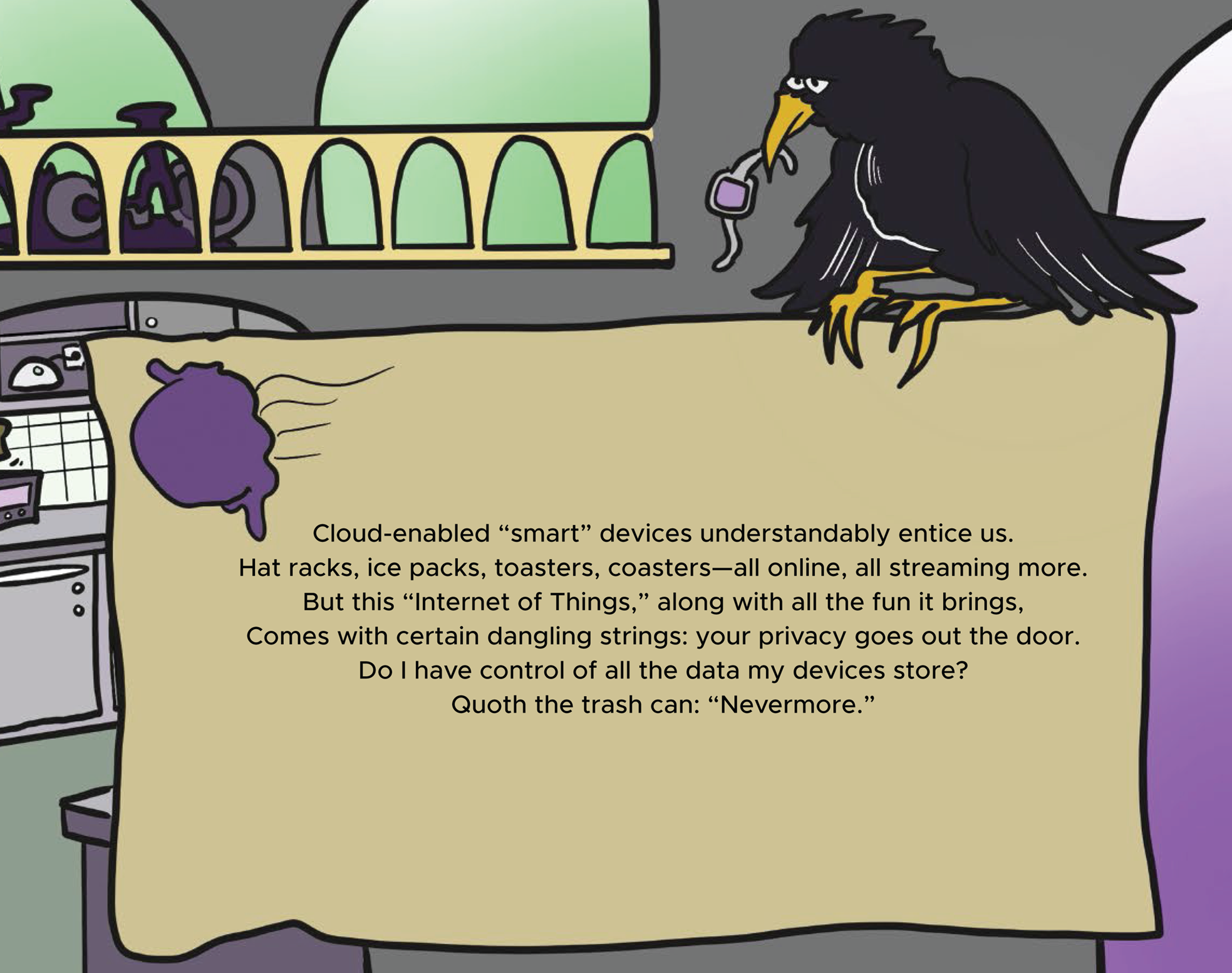 Cartoon illustration of a raven holding a smart watch.