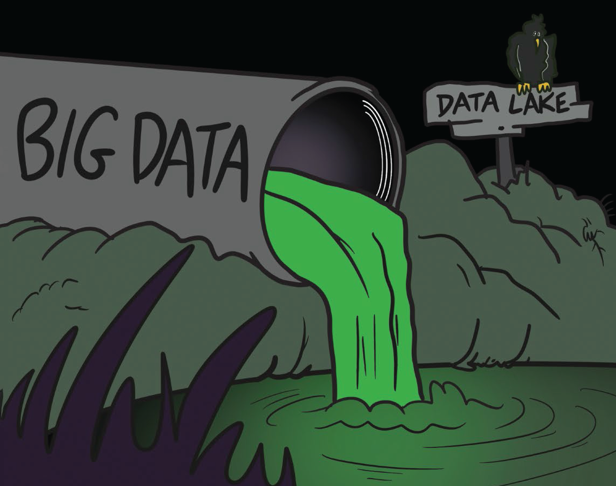 Cartoon illustration of big data falling into a data lake.