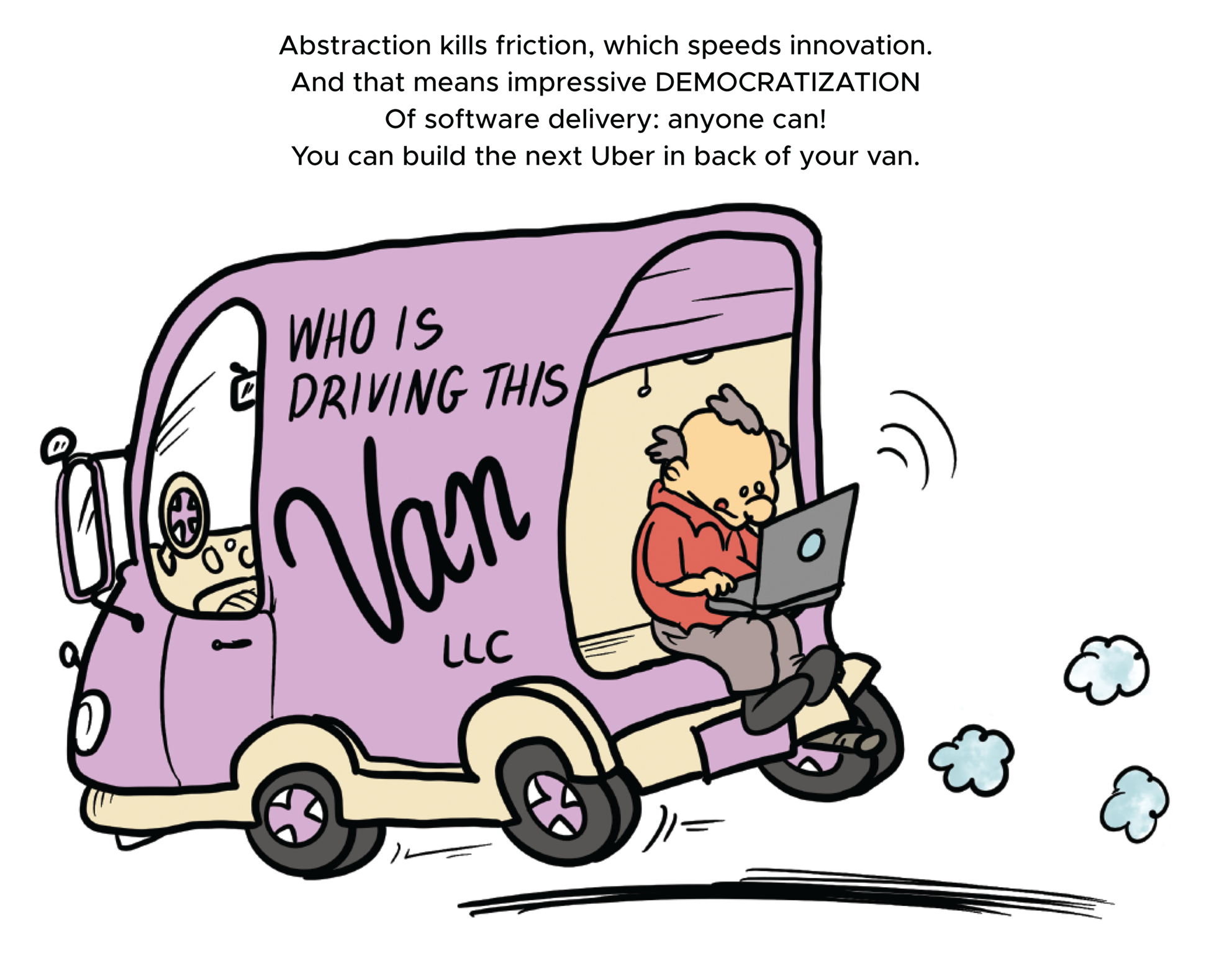 Cartoon illustration of a van being operated using a computer.