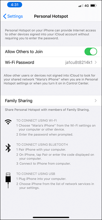 Screen capture depicting Personal Hotspot page.