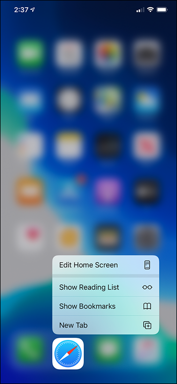 Screen capture depicting Safari App dropdown menu.