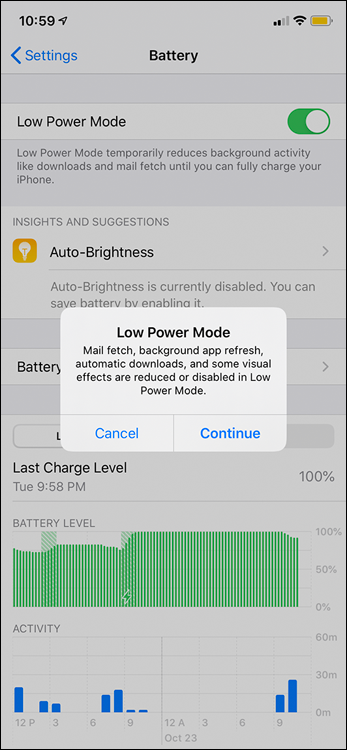 Screen capture depicting Low Power Mode in iPhone.