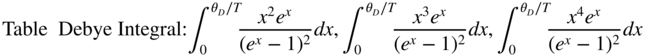 Table upper F .2 Debye Integral colon integral Subscript 0 Superscript theta Subscript upper D Baseline slash upper T Baseline StartFraction x squared e Superscript x Baseline Over left-parenthesis e Superscript x Baseline minus 1 right-parenthesis squared EndFraction italic d x comma integral Subscript 0 Superscript theta Subscript upper D Baseline slash upper T Baseline StartFraction x cubed e Superscript x Baseline Over left-parenthesis e Superscript x Baseline minus 1 right-parenthesis squared EndFraction italic d x comma integral Subscript 0 Superscript theta Subscript upper D Baseline slash upper T Baseline StartFraction x Superscript 4 Baseline e Superscript x Baseline Over left-parenthesis e Superscript x Baseline minus 1 right-parenthesis squared EndFraction italic d x