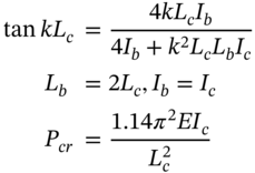 StartLayout 1st Row 1st Column tangent italic k upper L Subscript c 2nd Column equals StartFraction 4 italic k upper L Subscript c Baseline upper I Subscript b Baseline Over 4 upper I Subscript b Baseline plus k squared upper L Subscript c Baseline upper L Subscript b Baseline upper I Subscript c Baseline EndFraction 2nd Row 1st Column upper L Subscript b 2nd Column equals 2 upper L Subscript c Baseline comma upper I Subscript b Baseline equals upper I Subscript c Baseline 3rd Row 1st Column upper P Subscript italic c r 2nd Column equals StartFraction 1.14 pi squared italic upper E upper I Subscript c Baseline Over upper L Subscript c Superscript 2 Baseline EndFraction EndLayout