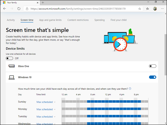 Snapshot of the screen-time settings for a Microsoft account.