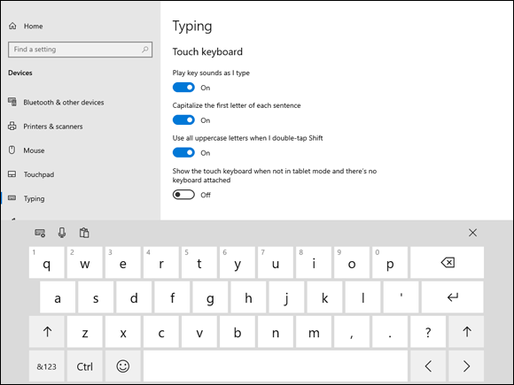 Snapshot of the typing setting dialog box with the virtual keyboard.