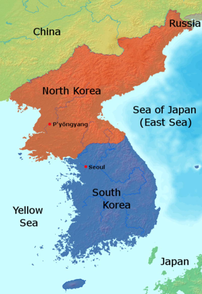 A map of North Korea. It displays the seas of Japan, Russia, China, South Korea, the Yellow Sea, and Japan.