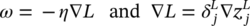 omega equals minus eta nabla upper L and nabla upper L equals delta Subscript j Superscript upper L Baseline nabla z Subscript j Superscript upper L