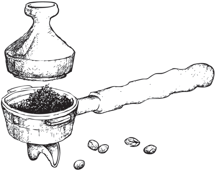 Picture of a type of coffee brewer with a lid and long handle used for brewing coffee.