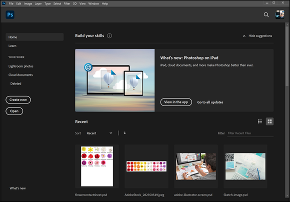 Snapshot of the Start screen in Adobe Photoshop appears as a default.