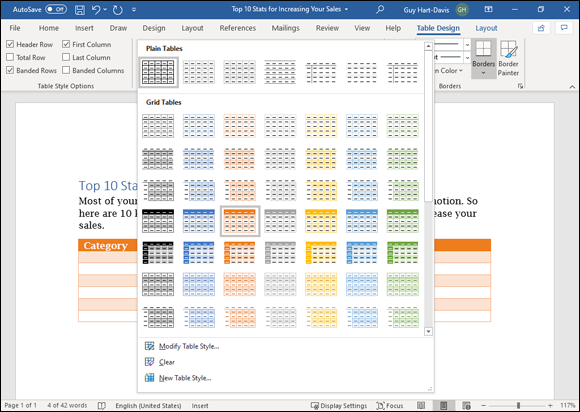 Snapshot of displaying the patterns of plain tables and grid tables from the Table Design tab.