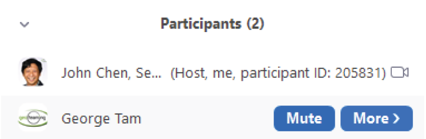 Snapshot of the name and participant id of John Chen, selecting the audio control of a selected participant named George Tam with mute or unmute option.
