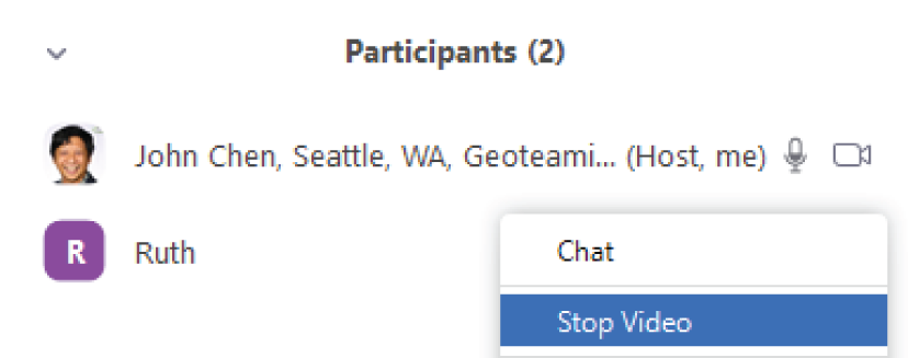 Snapshot of the name and participant id of John Chen, selecting the video control of a selected participant named Ruth.