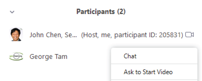 Snapshot of the name and participant id of John Chen, selecting the video control of a selected participant named George Tam.