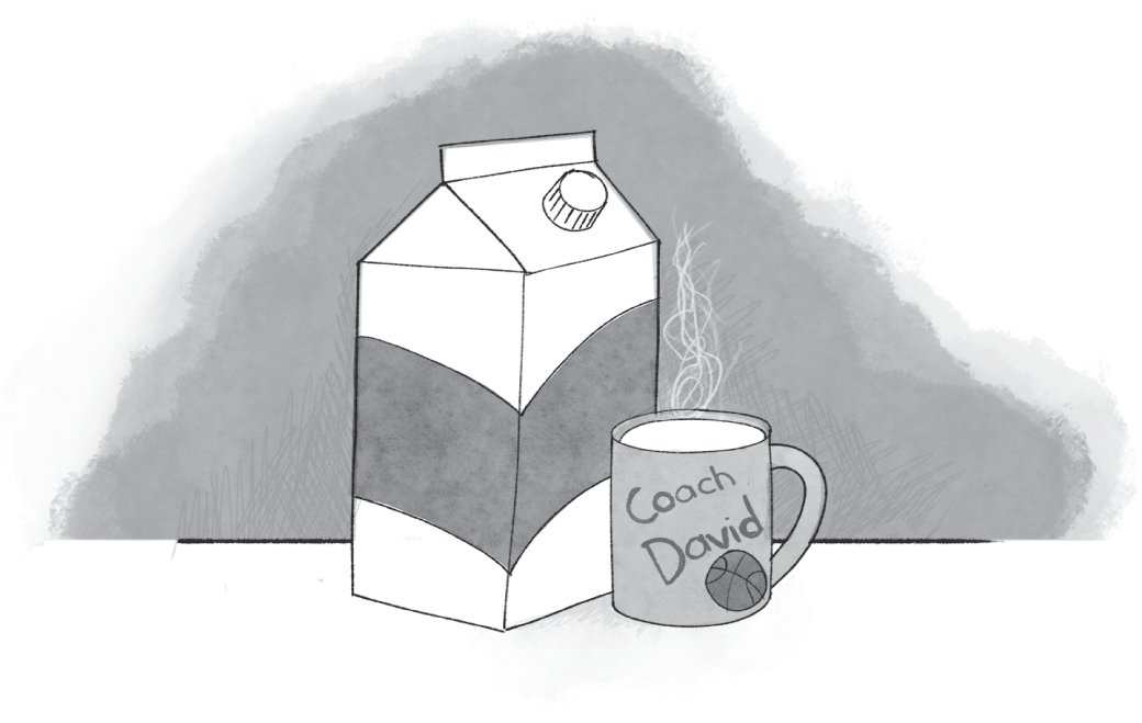 Schematic illustration of the milk packet and a mug full of milk labeled Coach David.