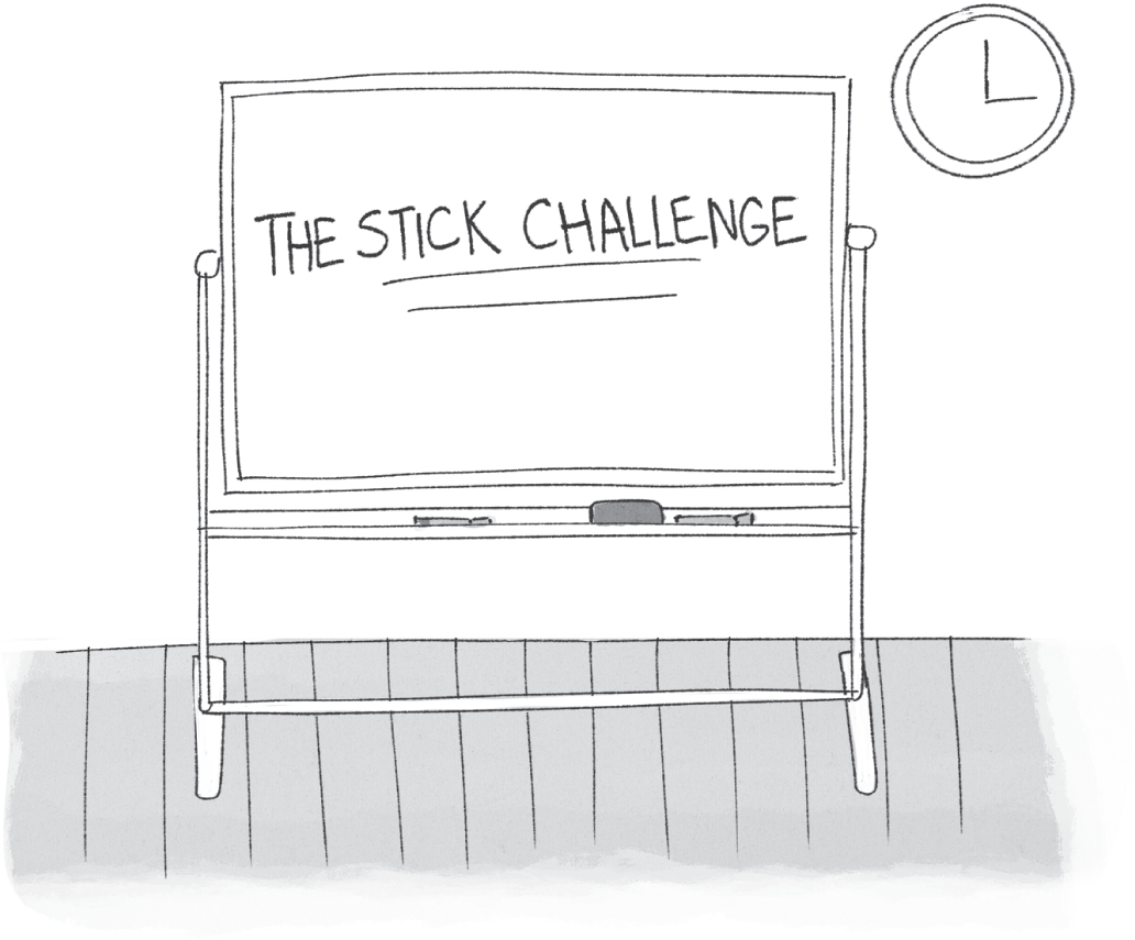 Schematic illustration of the clock which is placed on the wall and a whiteboard labeled THE STICK CHALLENGE.