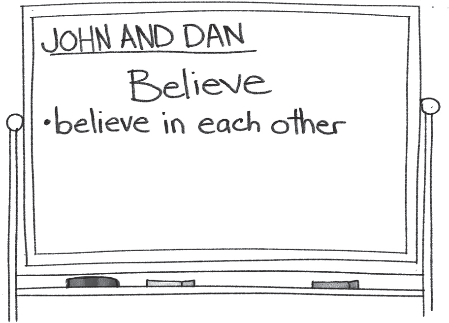 Schematic illustration of the whiteboard labeled believe in each other.