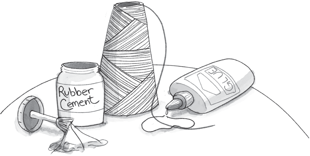 Schematic illustration of the glue, string and rubber cement bottle. 