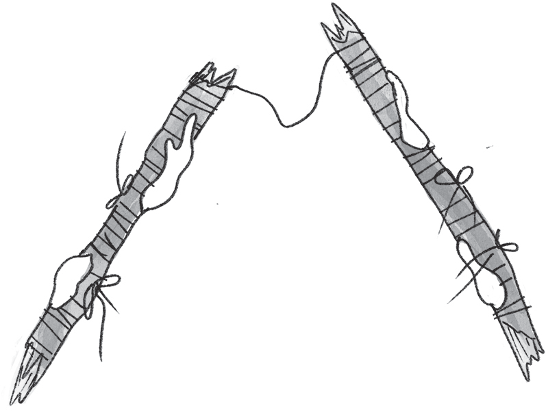 Schematic illustration of the stick snapped in half.