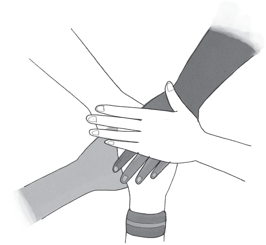 Schematic illustration of the hands-on the top of each other.