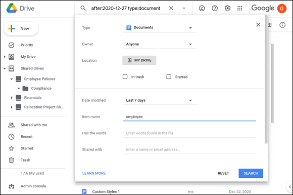 Snapshot of managing files and folder in Google drive.