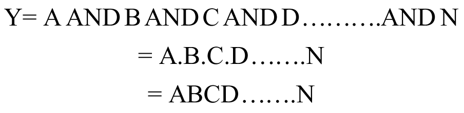 table row cell text Y= A AND  end text straight B text  AND  end text straight C text  AND  end text straight D ....... text AND  end text straight N end cell row cell text = A.B.C.D end text ....... straight N end cell row cell text = ABCD end text ...... straight N end cell end table