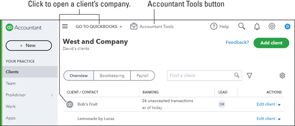 Snapshot of Click the QuickBooks logo to the left of the client’s name or the Go to QuickBooks drop-down menu to open a client’s company.