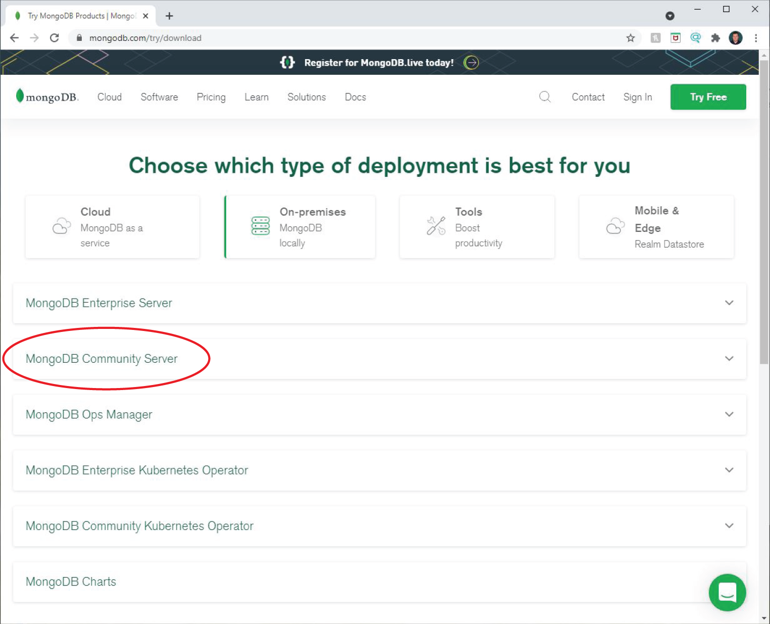 Snapshot of download page for MongoDB