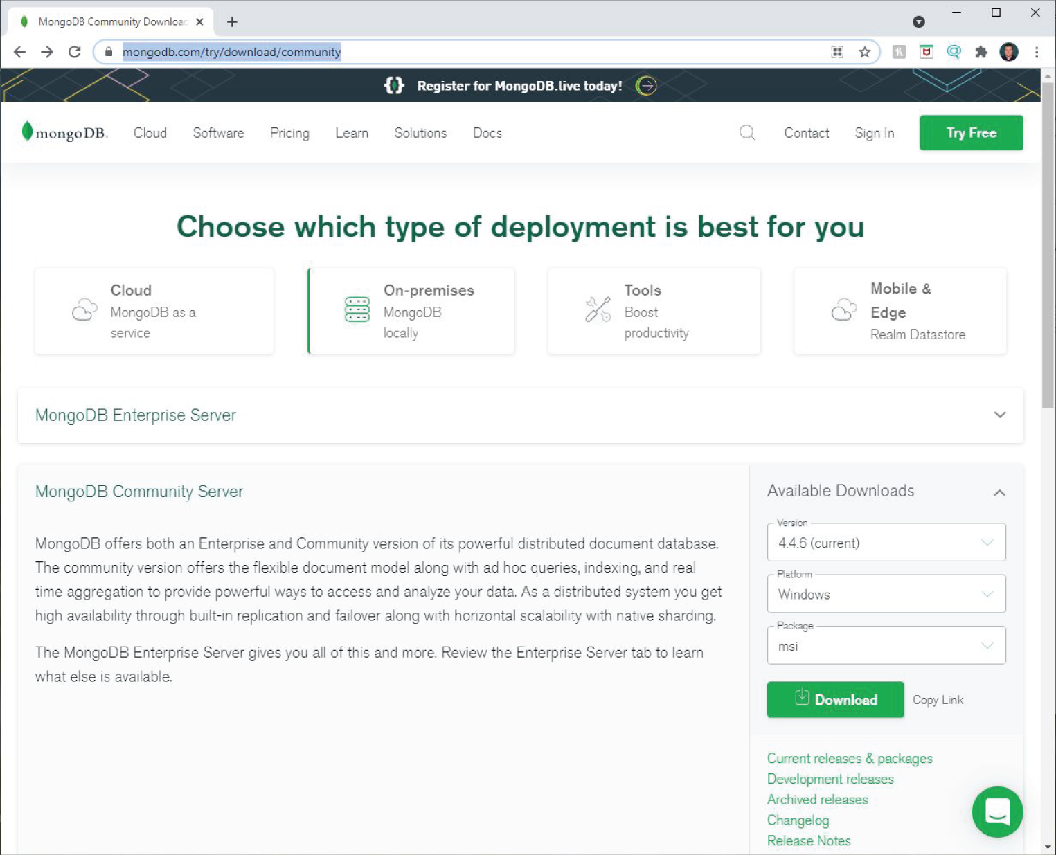 Snapshot of MongoDB download form