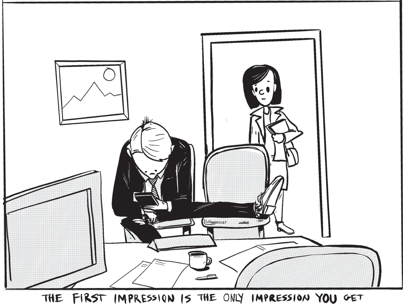 Cartoon illustration of the first impressions that are the only impression you get.