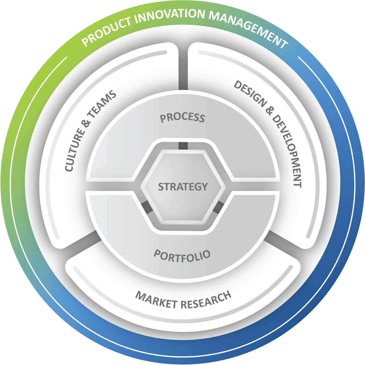 A diagram of the strategy. It consists of product innovation management, process, strategy, portfolio, market research, culture, teams, design, and development.