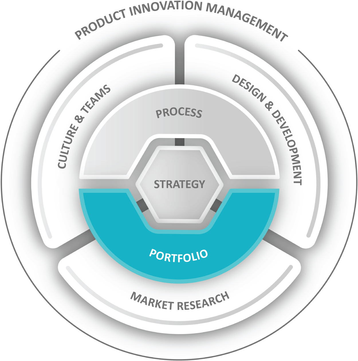 A diagram of the strategy. It consists of product innovation management, process, strategy, portfolio, market research, culture, teams, design, and development.