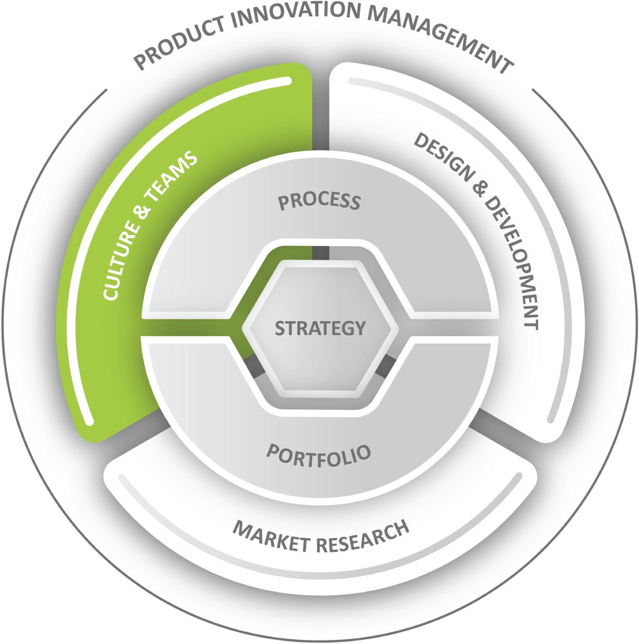 An illustration of strategy. It includes product innovation management, market research, culture, teams, design, development, process, and portfolio.