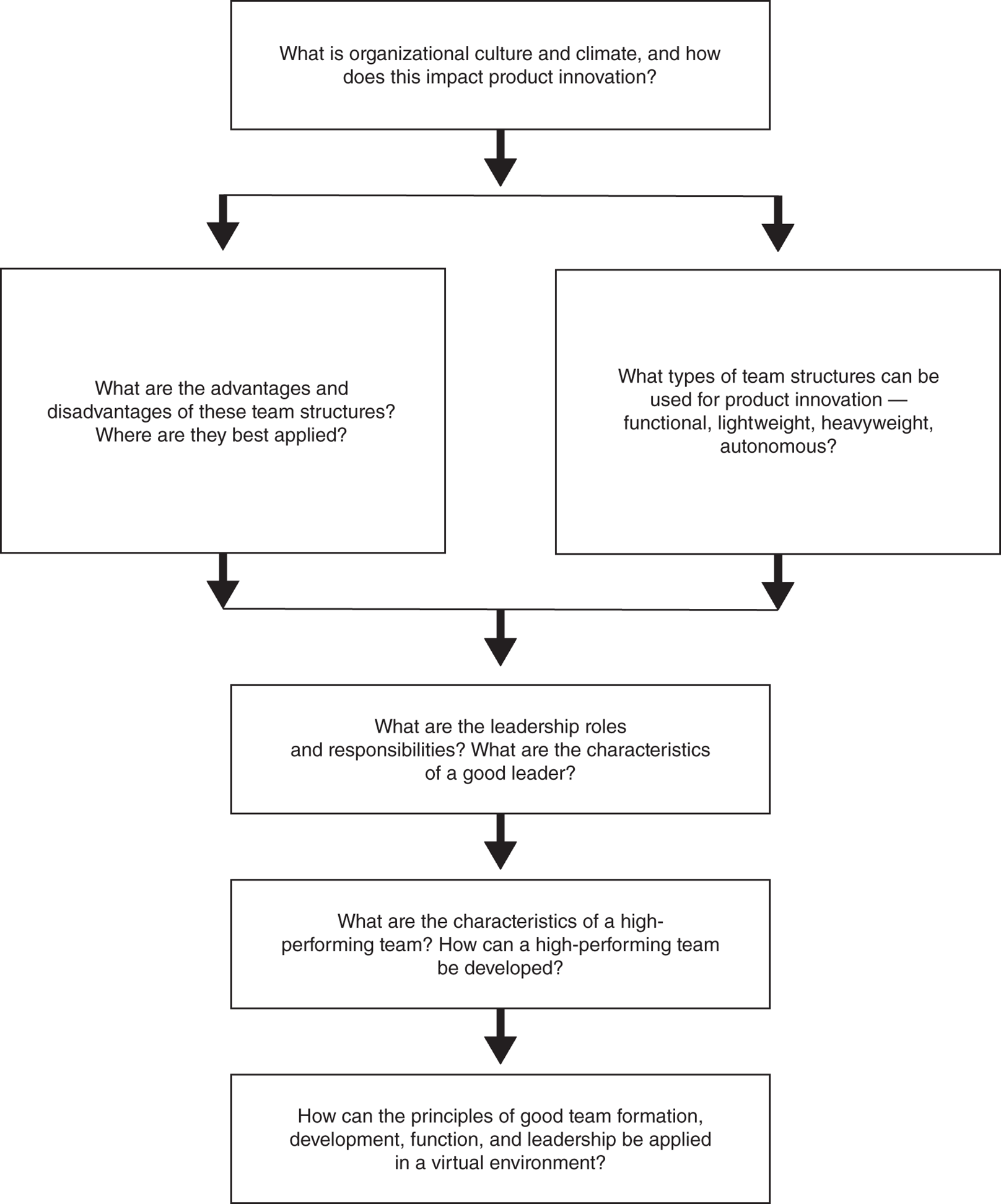 A diagram of the organizational culture and climate. 1. How does this impact product innovation? 2. What are the advantages and disadvantages of these team structures? 3. Where are they best applied? 4. What are the leadership roles and responsibilities? 5. What are the characteristics of a good leader? 6. How can a high-performing team be developed?