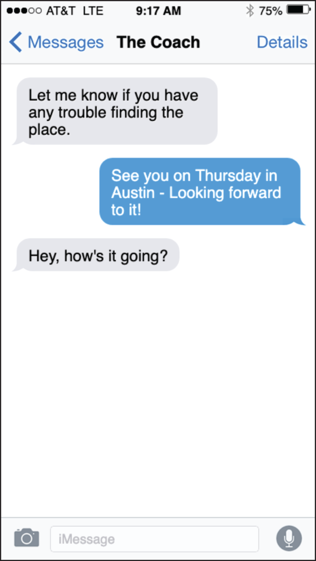 Snapshot of a text message from the Coach.