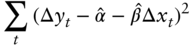 sigma-summation Underscript t Endscripts left-parenthesis normal upper Delta y Subscript t Baseline minus ModifyingAbove alpha With Ãâ minus ModifyingAbove beta With Ãâ normal upper Delta x Subscript t Baseline right-parenthesis squared