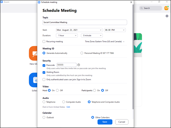 Snapshot of a window titled, schedule meeting.