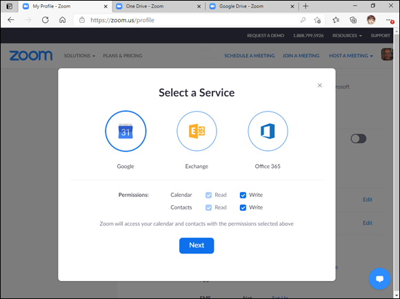 Snapshot of selecting a service of google, exchange, and office.