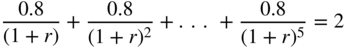 StartFraction 0.8 Over left-parenthesis 1 plus r right-parenthesis EndFraction plus StartFraction 0.8 Over left-parenthesis 1 plus r right-parenthesis squared EndFraction plus ellipsis plus StartFraction 0.8 Over left-parenthesis 1 plus r right-parenthesis Superscript 5 Baseline EndFraction equals 2