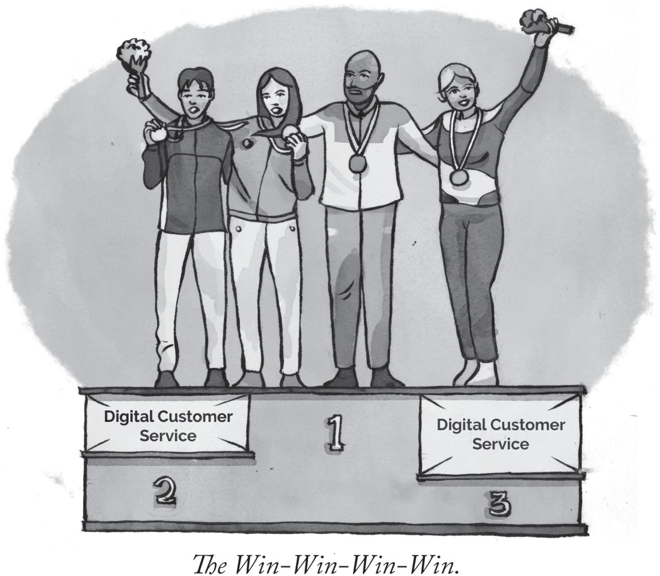 Cartoon illustration of the winners of Digital Customer Service.